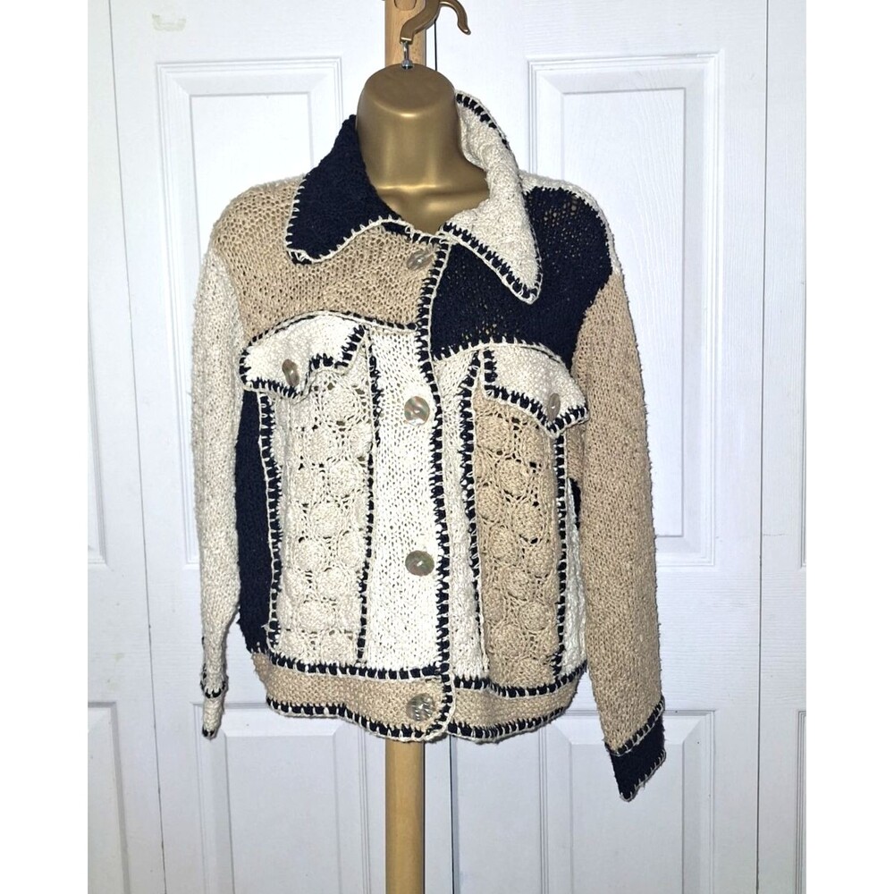 90s Michael Simon Linen Blend Cardigan Sweater Womens Lg Black Beige Artsy Patch